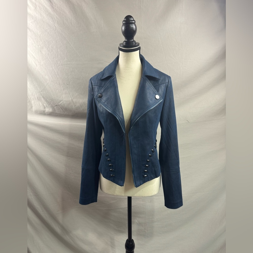 Joseph Ribkoff Studded Vegan Leather Jacket Blue - Picture 4 of 11